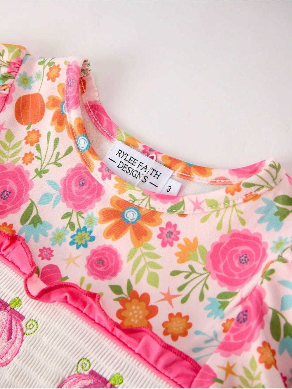 Rylee Faith Autumn Thanksgiving Pumpkin Embroidery Smock Floral Girls Dress - Picture 3 of 5